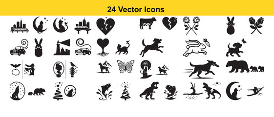 Collection of twenty four black silhouette vector icons depicting various animals and shapes © Razuwana