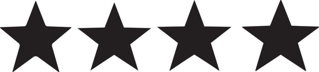 Obraz premium Four black star silhouettes aligned horizontally in simple solid vector style with bold geometric shapes and clean edges, minimal star icons for rating symbols decoration and interface design, concept