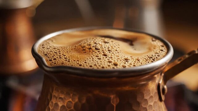 Close up of Turkish coffee bubbling in a copper cezve pot on a gas stove flame
