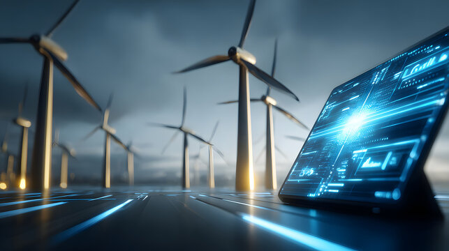 Smart grid energy management tablet dashboard with wind turbine farm and glowing data visualization in moody sunrise light