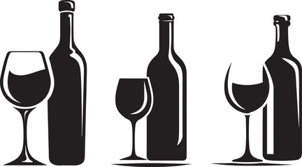 Set of wine bottle and wine glass silhouettes in different shapes standing side by side isolated on white background showing elegant drinkware forms