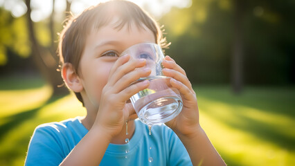 Young boy drinking water from a glass in a serene outdoor setting with lush green surroundings and trees.