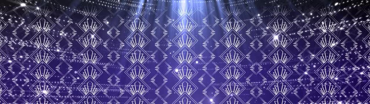 Blue Art Deco Geometric Pattern Background with Glowing Lights and Particles