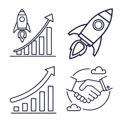 Clean and modern minimal vector icon set for startup business, entrepreneurship, growth strategy, and corporate development.