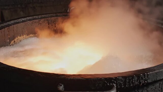 Cinematic close up of ultra-hot water reaching a violent, rolling boil inside a mysterious, dark metallic vessel with dramatic subsurface light conceptual, light, close