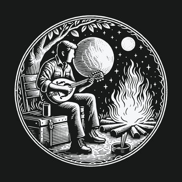 Man playing mandolin music by a campfire under the moonlit night sky.