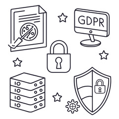 Modern Minimal Vector Icon Set for Data Privacy and Information Security, Featuring Padlock, Shield, Fingerprint, and Protection Symbols for Digital Safety and Personal Data Protection