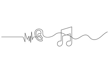 Human ear with music note and sound wave line art