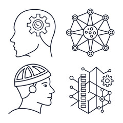 Modern Minimal Vector Icon Set for AI Neural Networks and Deep Learning, Illustrating Synapses, Connectivity, Cognitive Computing, and Advanced Data Architecture