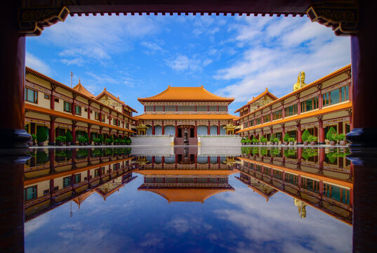 Reflection of Ordination Hall at Fo Guang Shan Temple, Bangkok, Thailand