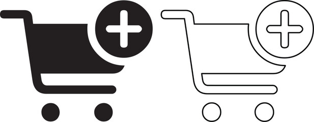 Vector illustration set of two shopping cart icons featuring a solid black silhouette and linear outline style with a plus sign for add to cart buttons and online ecommerce store apps. © Shah Hasanuzzaman