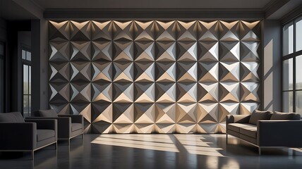 Modern interior design featuring a dramatic three dimensional geometric wall panel illuminated by warm sunlight streaming through tall windows
