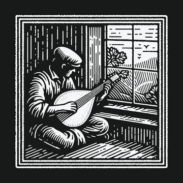 A man plays a lute by the window in a rustic woodcut illustration.