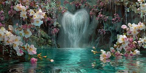 Heartfall Oasis Among Cherry Blossoms, ai generated.