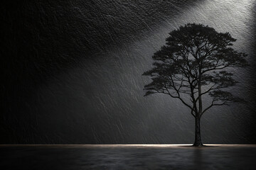 A solitary tree stands shrouded in mysterious fog during the quiet transition from night into the soft light of a misty morning