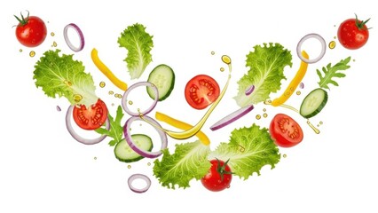 Fresh salad ingredients flying in a v shape against a white background