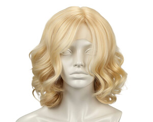 Blonde curly wig displayed on mannequin isolated on transparent background