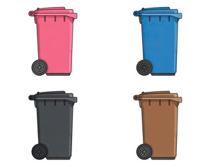 Four different colored garbage bins isolated on transparent background