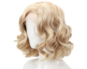 Blonde curly bob wig displayed on mannequin isolated on transparent background