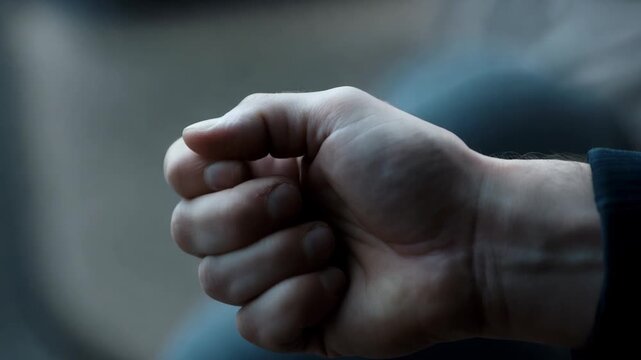 Close up sequence of an adult caucasian male hand unclenching from a tight fist to an open palm. A conceptual motion representing letting go, forgiveness, or asking for help