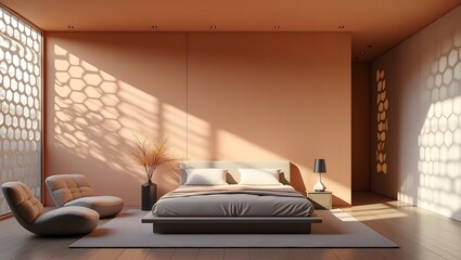 A modern bedroom interior in a warm, peach color scheme