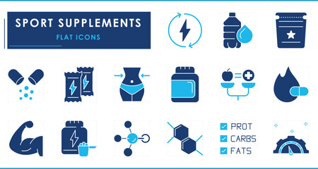 A set of flat icons related to Sport supplements. Food, protein, nutrients, muscle, medicine, vitamin, energy bar, water, healthy food, and so on.