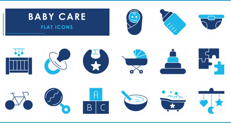 A set of flat icons related to Baby Care. Child, kid, care, diaper, crib, bottles, stroller, bibs, and so on.