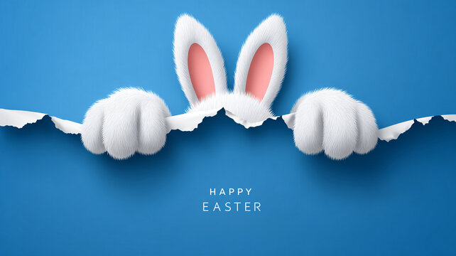 A colored paper postcard with an Easter bunny and the text "Happy Easter. The rabbit hides behind scraps of colored paper.