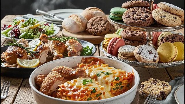 Gourmet cheese bake with colorful macarons on rustic table.