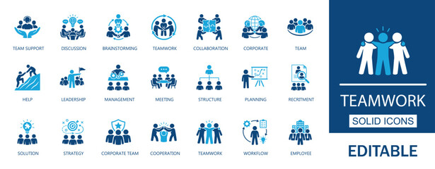 Teamwork and collaboration Solid Icon Set. Features icons of business partnership, strategy, success, and management. Perfect for business, corporate, presentations and workflow.