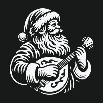 Smiling Santa Claus playing a mandolin musical instrument vector illustration.