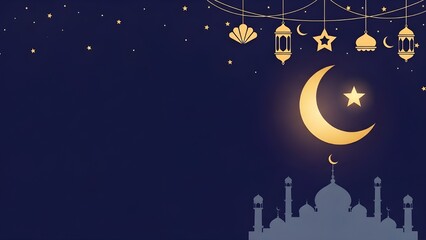 Fototapeta premium Elegant Ramadan Kareem Background with Crescent Moon, Mosque Silhouette, and Hanging Lanterns for Eid Celebration