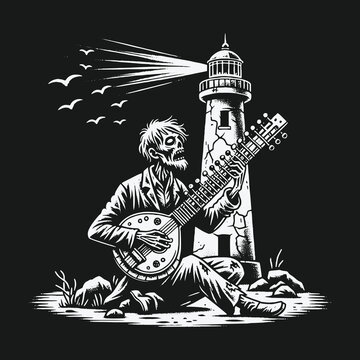 Gothic skeleton bard serenades the sea by a lonely lighthouse.