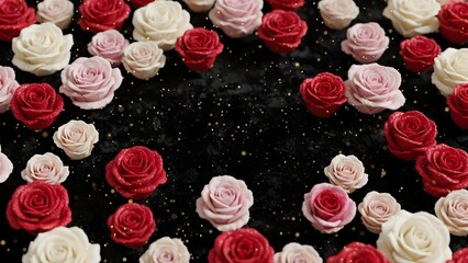A bouquet of red pink and white roses on a black background