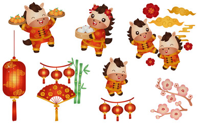 Fototapeta premium Lunar New Year illustration set. Chinese New Year elements Watercolor Hand Drawn Style. Asian Culture bundle Celebrations.
