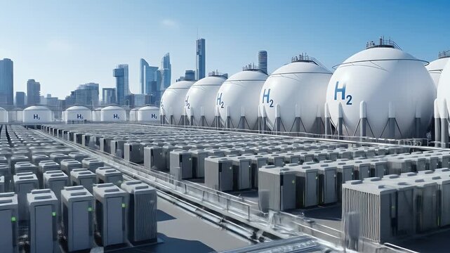 Industrial hydrogen energy plant with large spherical storage tanks and futuristic buildings showcasing clean technology and sustainable power