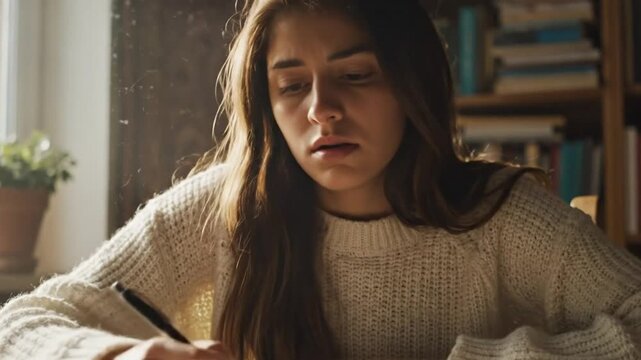 Focused young woman struggling with difficult homework while writing and taking notes at desk in sunlight