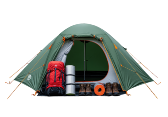 ultra photorealistic commercial shot of a forest green dome tent and high-end trekking gear (backpack, boots) in a pristine alpine clearing, sharp focus. concept for outdoor product advertising