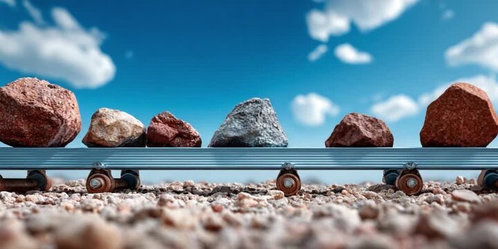 The Conveyor Belt of Nature's Sculptures: A line of diverse stones and rocks, each unique in form and texture, traverses a conveyor belt under a bright blue sky.