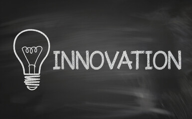 Innovation Text with Lightbulb Icon Drawing on Black Chalkboard