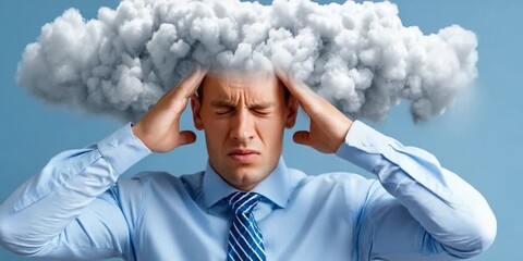 The Weight of the World: A man, overwhelmed with thoughts and struggles, clasps his head beneath a symbolic cloud, embodying mental strain.