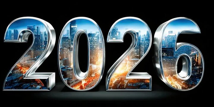 2026: A Vision of the Future: An optimistic outlook on 2026, where the numerical digits are artistically designed with cityscape reflections, symbolizing progress and innovation.