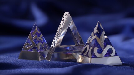 Intricate geometric crystalline structures with metallic accents on dark blue fabric