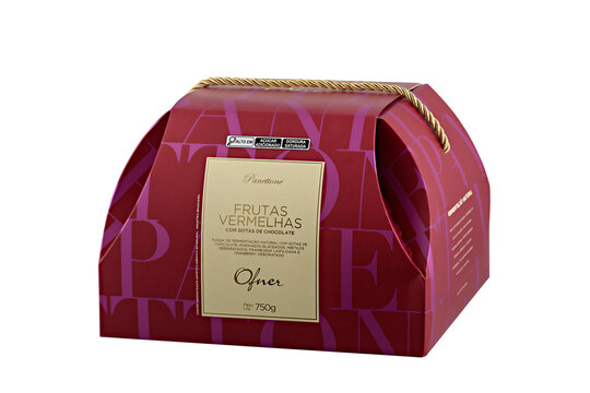 S&atilde;o Paulo, Brazil - December 31, 2025 - Ofner Panettone box with red berries and chocolate chips.
