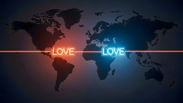 Glowing red and blue LOVE text connected across a world map represents global relationships, digital communication, emotional balance, modern romance, and international Valentine&rsquo;s Day concept.