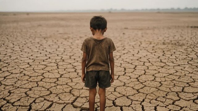 Child looking at desolate parched landscape during extreme drought. Environmental crisis and water scarcity affecting rural areas