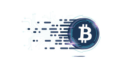 Obraz premium Glowing Bitcoin cryptocurrency coin with digital circuit lines and motion streaks indicating high speed transactions and tech.