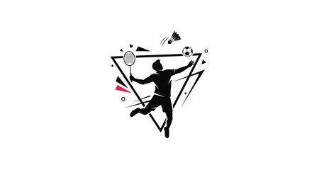 Silhouette of an athlete playing badminton and soccer against a backdrop of geometric shapes and sporting equipment icons.