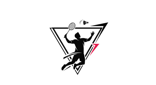 Dynamic black silhouette of a badminton player jumping to hit a shuttlecock framed within a geometric triangular design.
