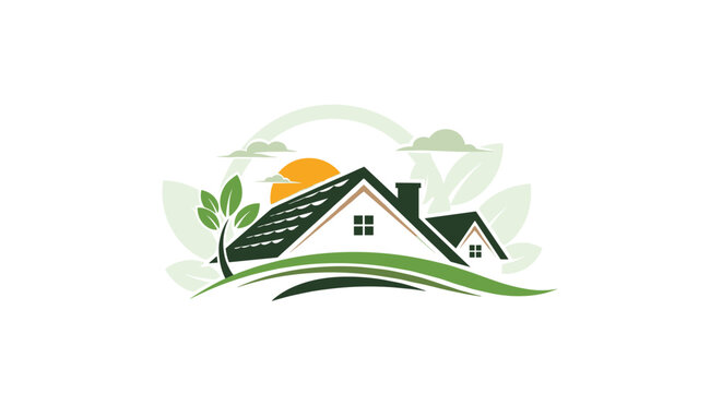 Environmentally friendly house logo featuring green roofs and a tree with a rising sun and clouds in the background for real estate.